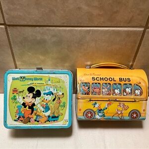 Walt Disney Vintage Lunchbox Set School Bus & Blue Metal Lunch Box Aladdin Ind.